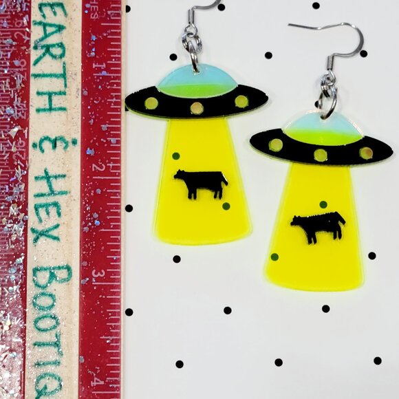 Yellow Spaceship Beaming Up A Cow Earrings Stainless Steel Hooks Funky Teacher - Picture 3 of 5